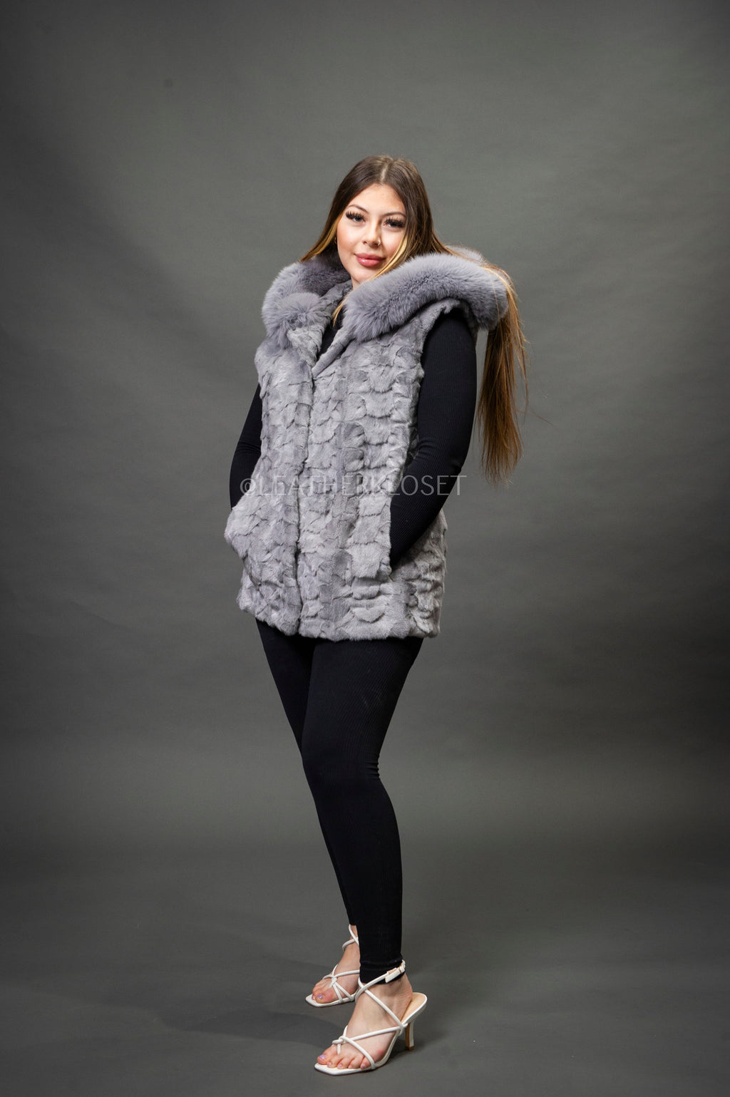 Women's Mink Vest With Hood [Grey]