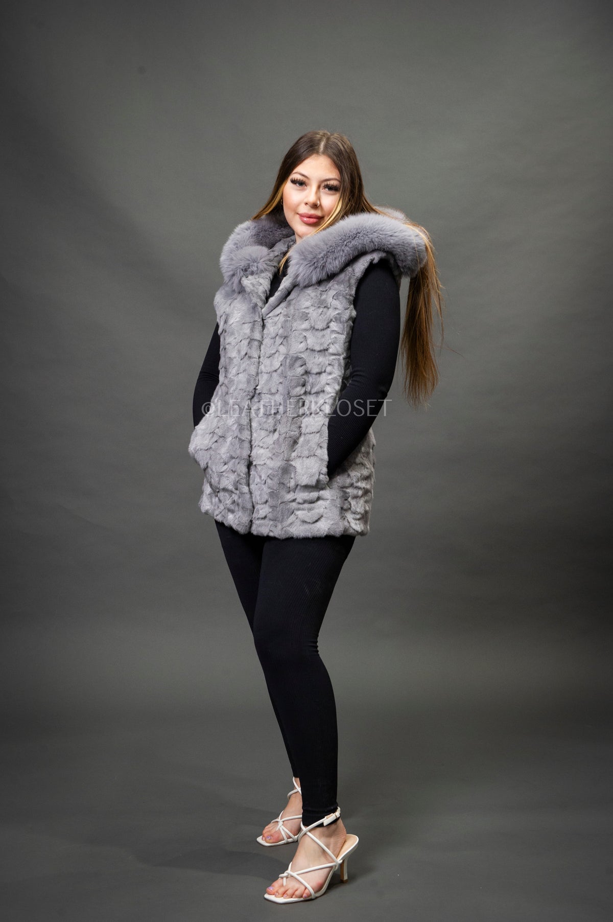 Women's Mink Vest With Hood [Grey]