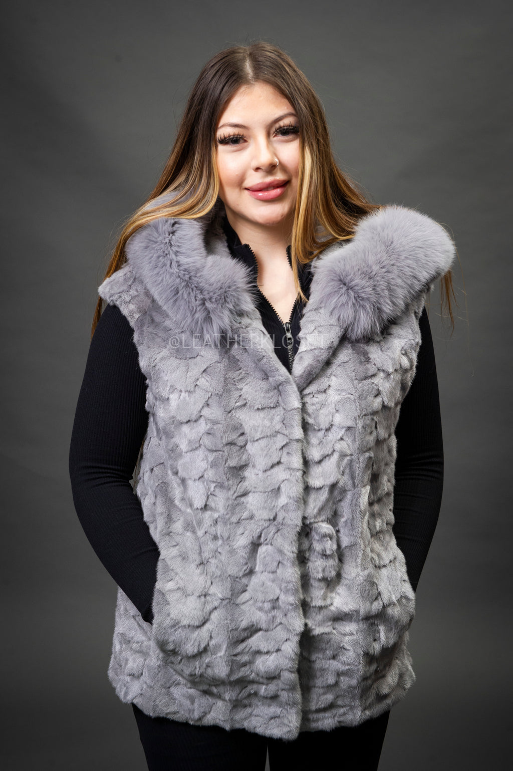 Women's Mink Vest With Hood [Grey]