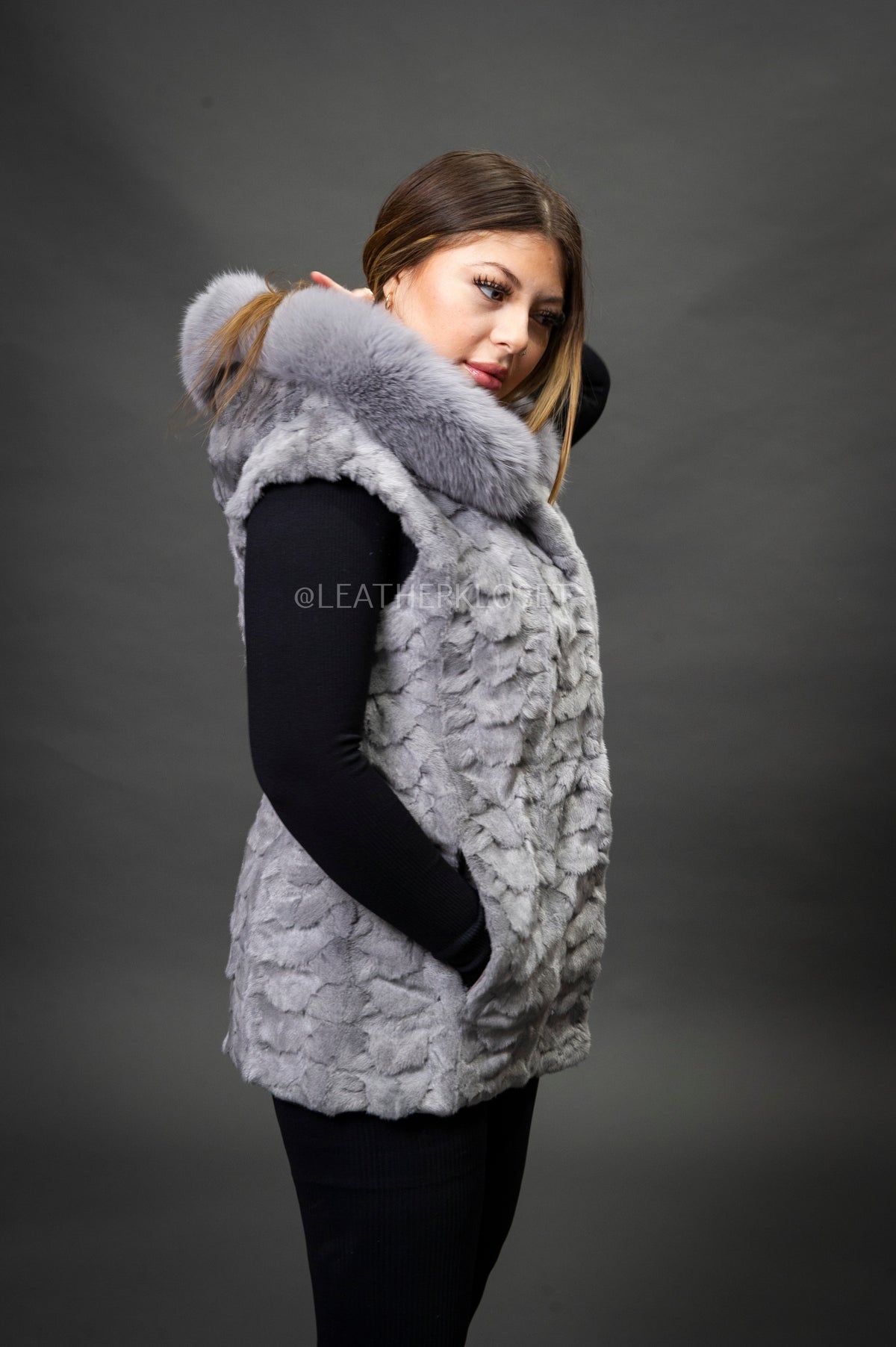 Women's Mink Vest With Hood [Grey]