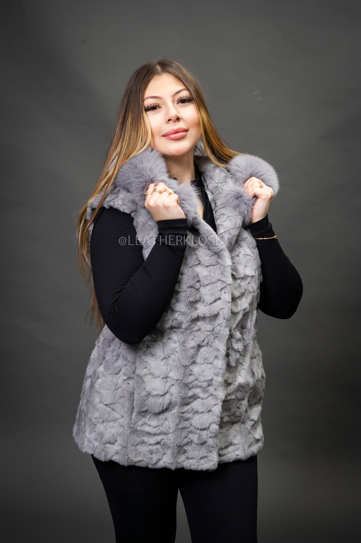 Women's Mink Vest With Hood [Grey]