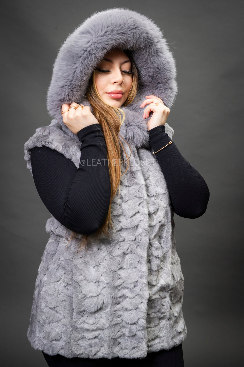 Women's Mink Vest With Hood [Grey]