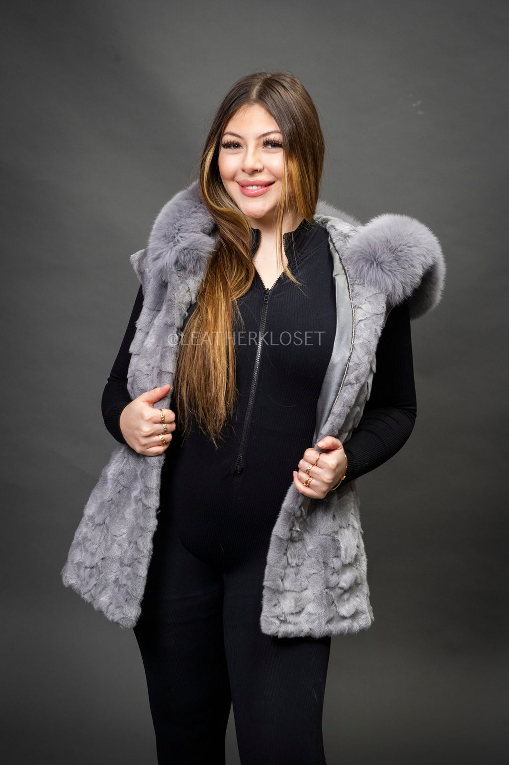 Women's Mink Vest With Hood [Grey]