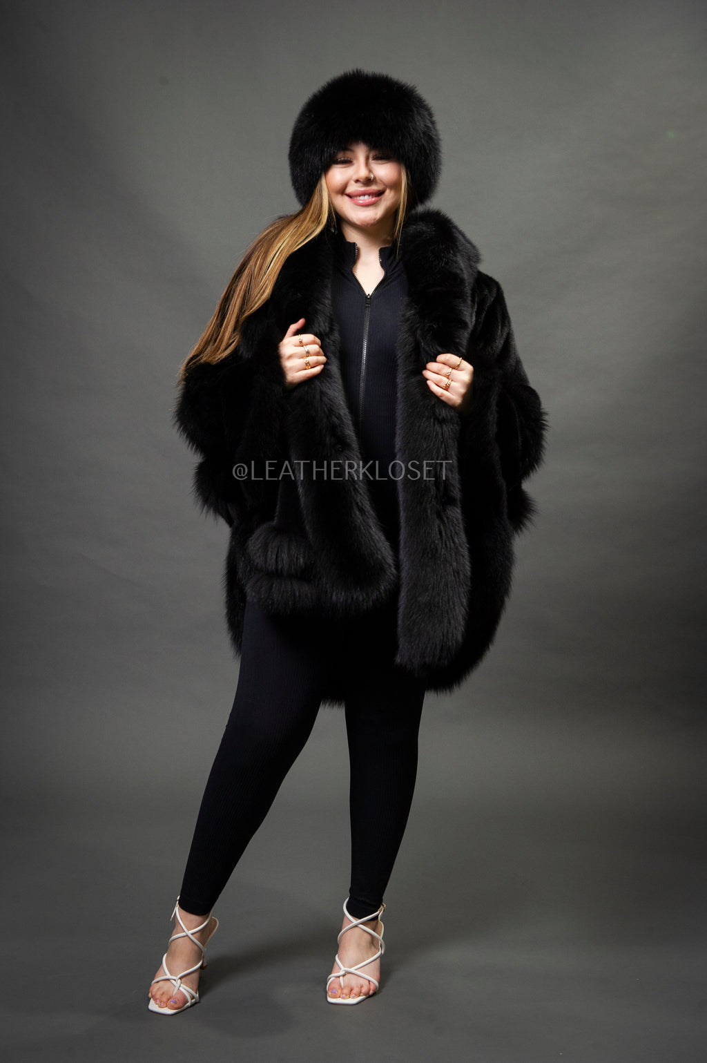 Women's Mink Poncho With Matching Headband [Black]