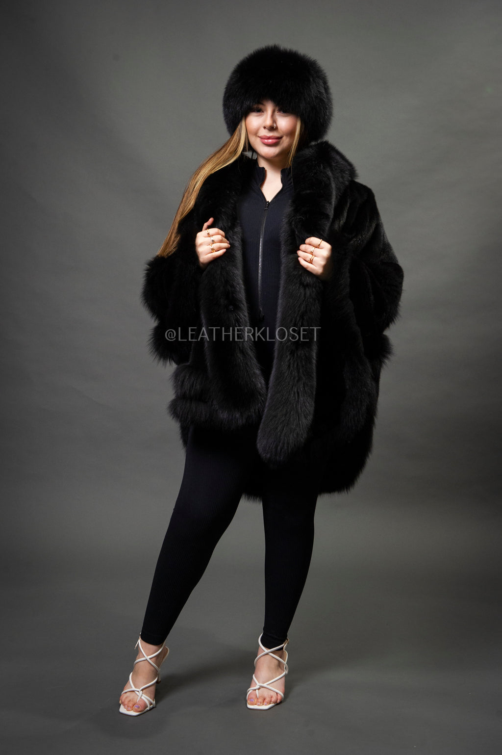 Women's Mink Poncho With Matching Headband [Black]