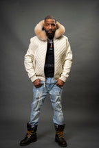 Men's Lucas Quilted Leather Bomber Jacket With Fox Hood [Crystal Fox]