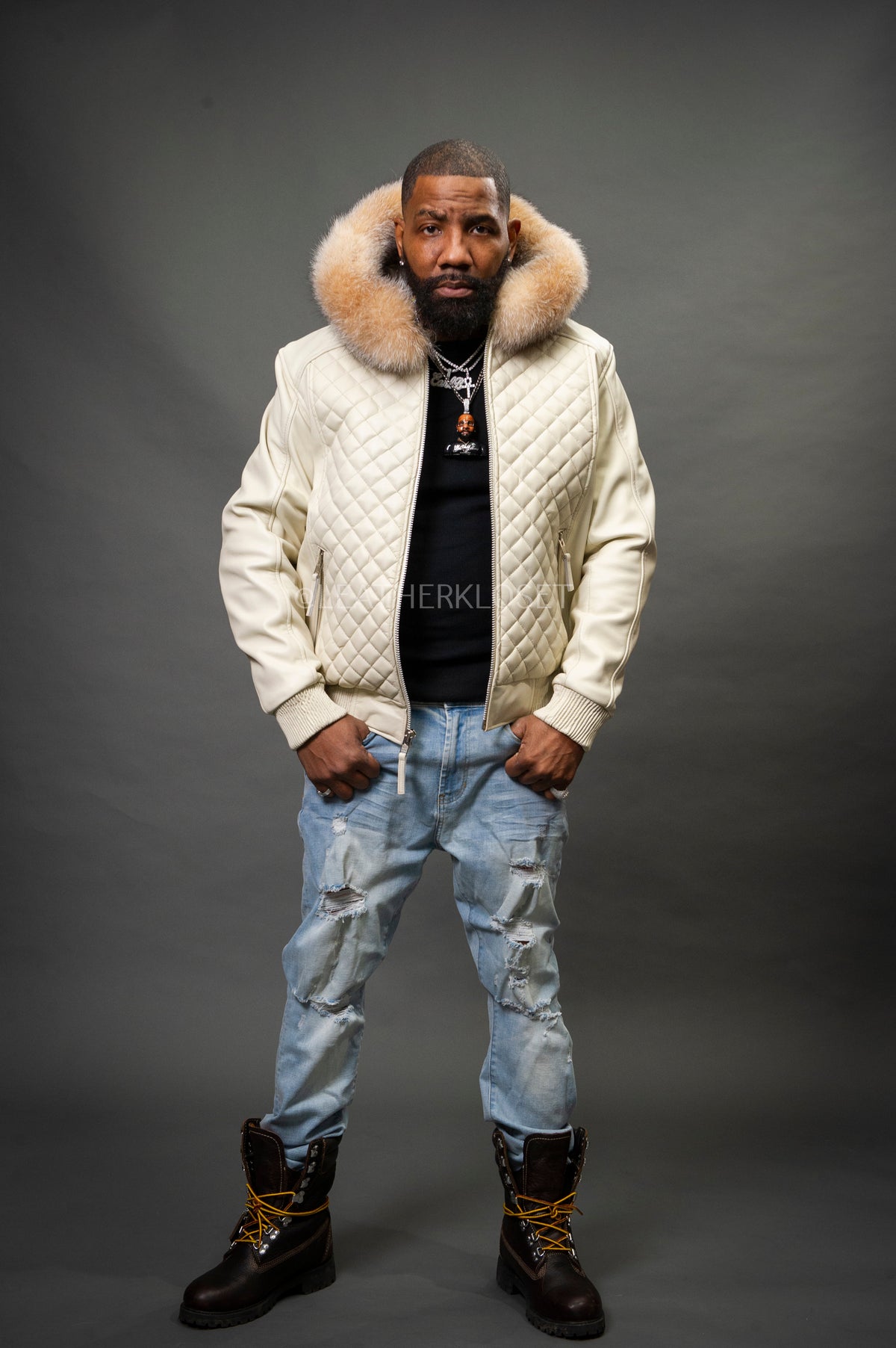 Men's Lucas Quilted Leather Bomber Jacket With Fox Hood [Crystal Fox]