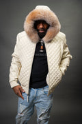 Men's Lucas Quilted Leather Bomber Jacket With Fox Hood [Crystal Fox]