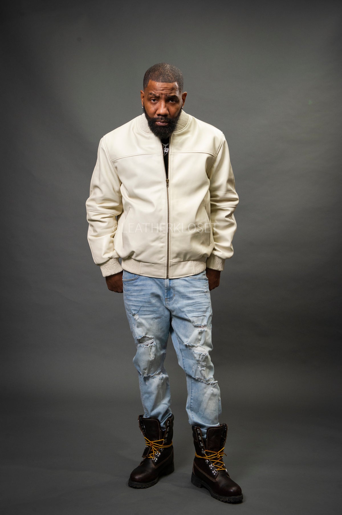 Men's Classic Baseball Leather Jacket [Beige]