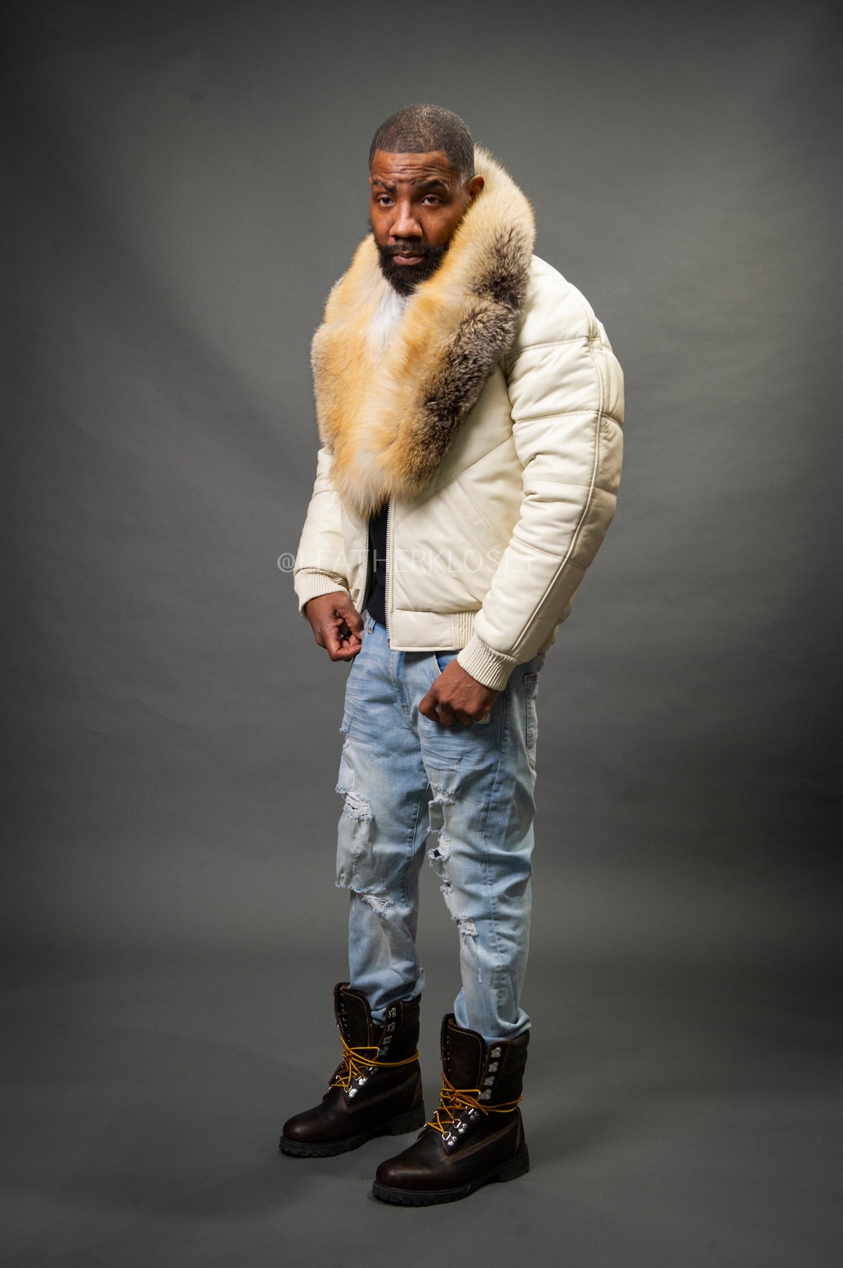 V-Bomber Leather Premium Full Fox Fur Collar [Beige]