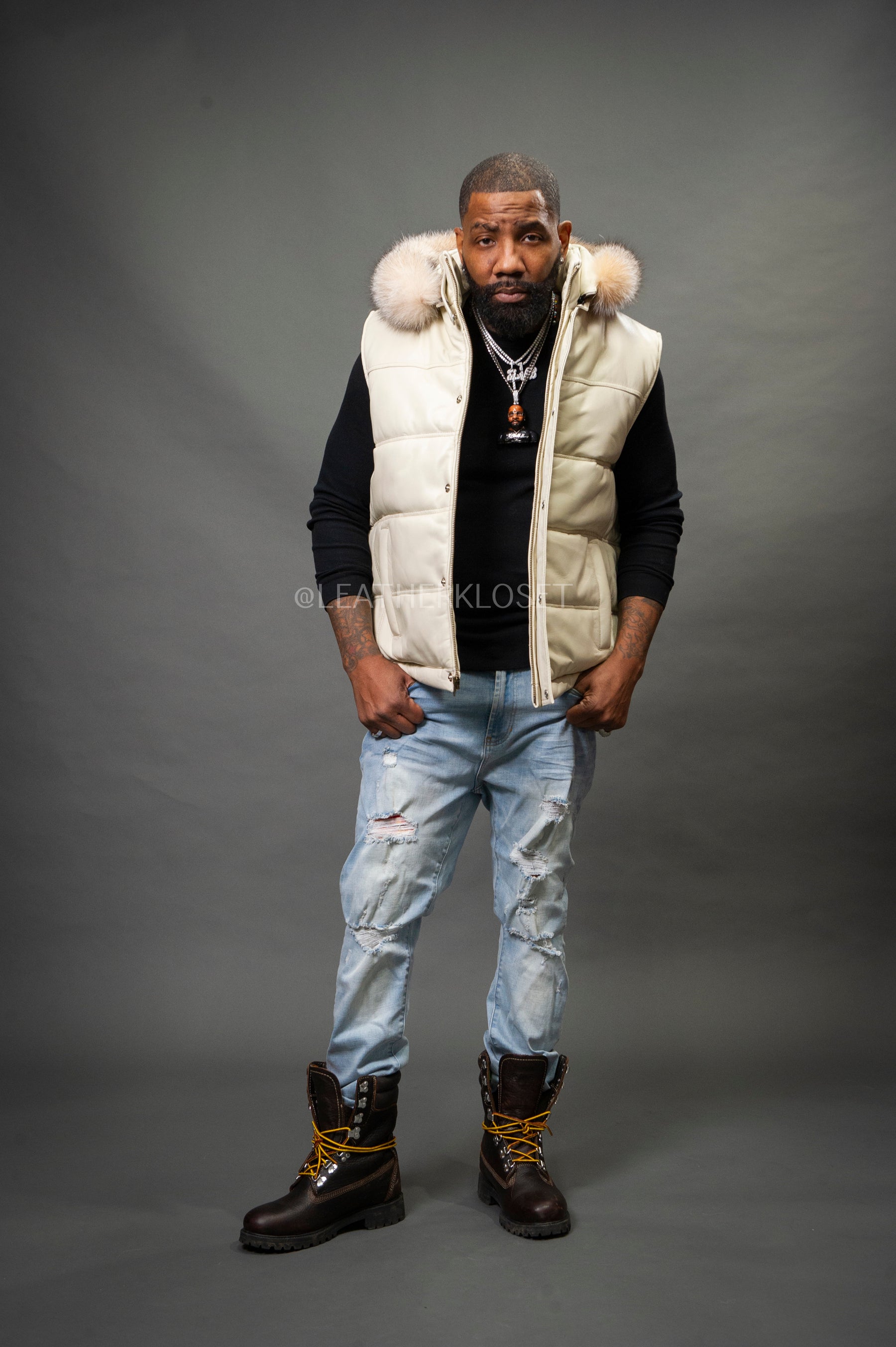 Darucci Leather Shearling Vest Mens Vest With Fur Hood Men's