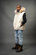 Men's Leather Bubble Vest With Fox Fur Hood [Beige]