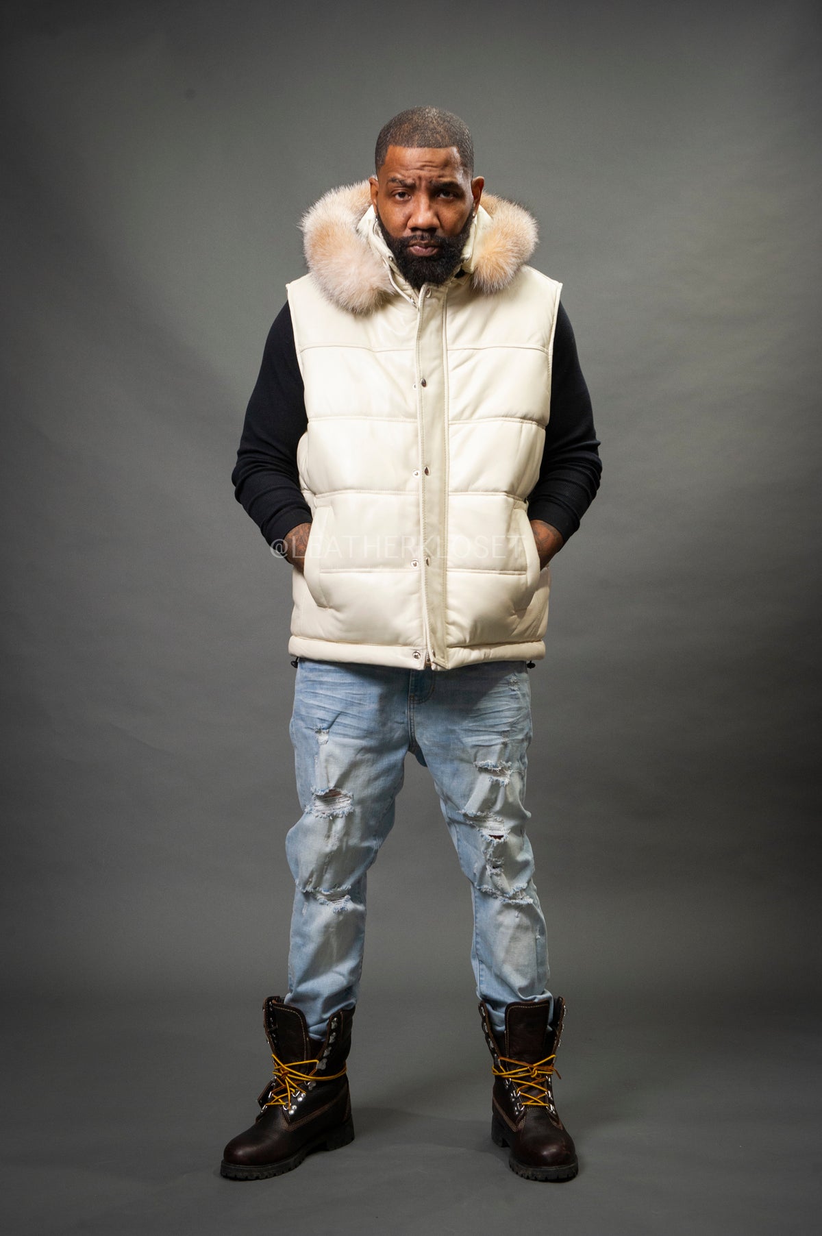 Men's Leather Bubble Vest With Fox Fur Hood [Beige]