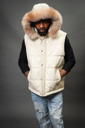 Men's Leather Bubble Vest With Fox Fur Hood [Beige]