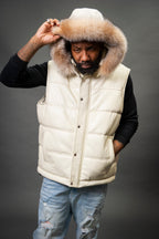 Men's Leather Bubble Vest With Fox Fur Hood [Beige]