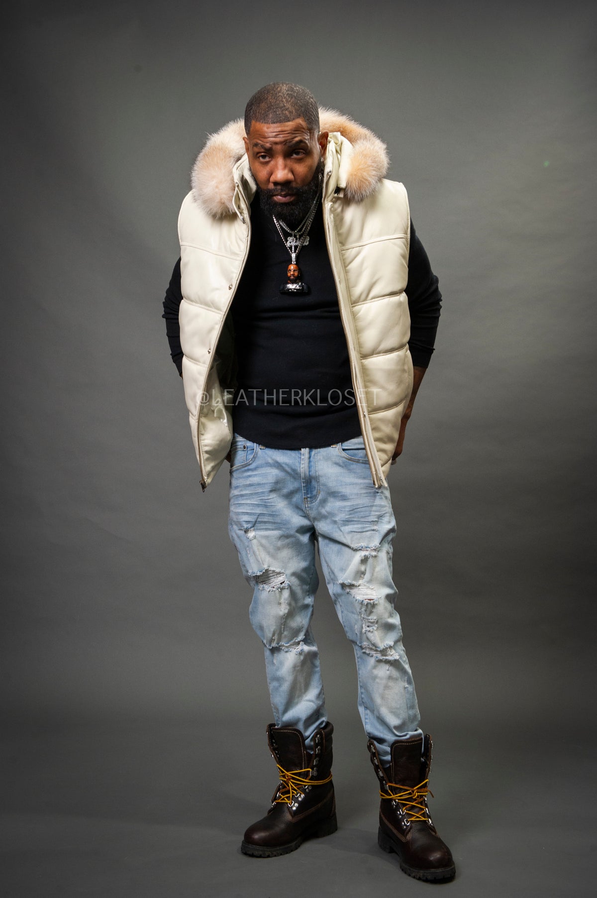 Men's Leather Bubble Vest With Fox Fur Hood [Beige]