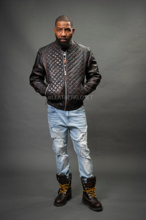 Men's Lucas Quilted Leather Bomber Jacket [Copper]