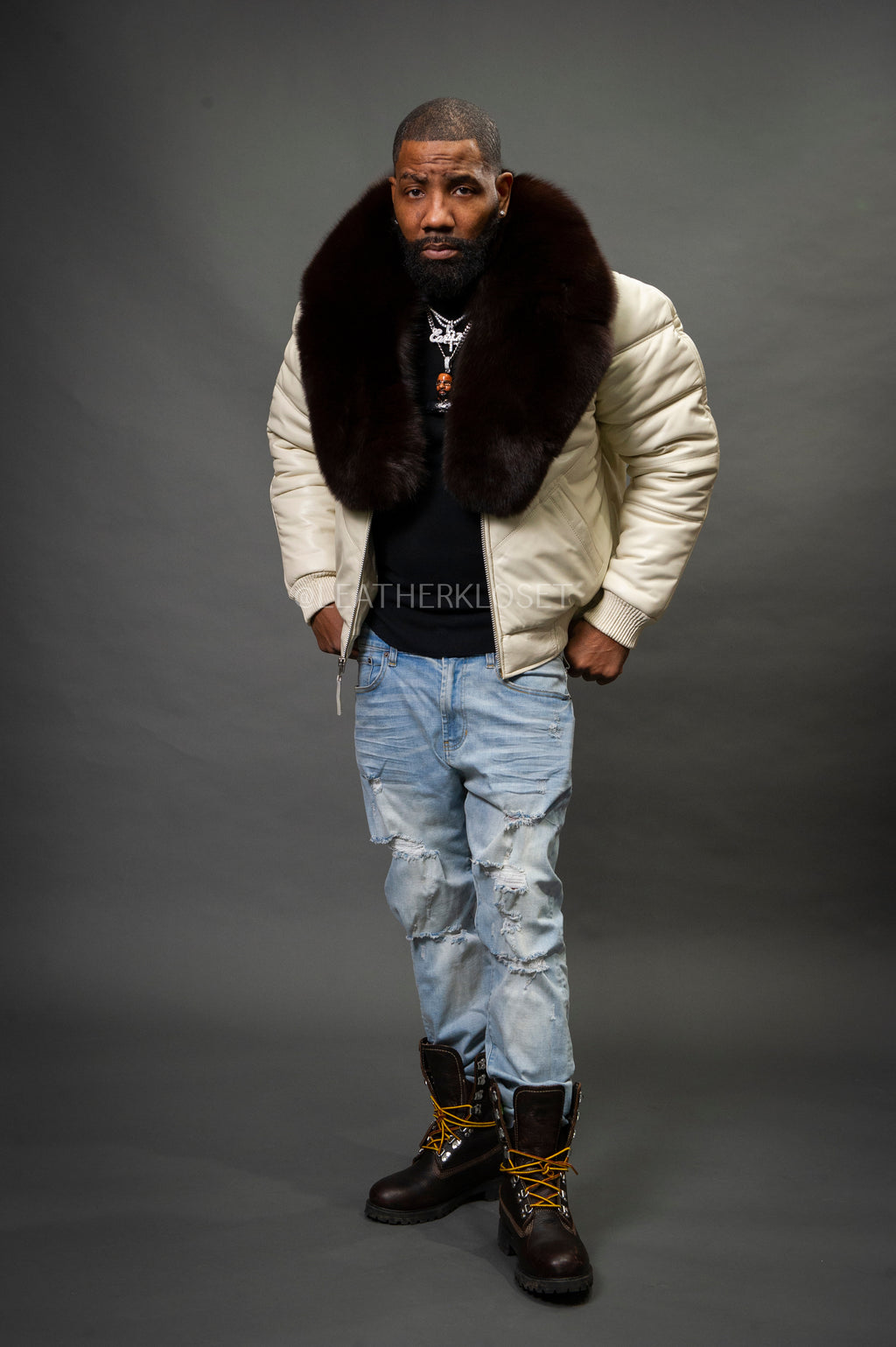 V-Bomber Leather Premium Full Fox Fur Collar [Beige]