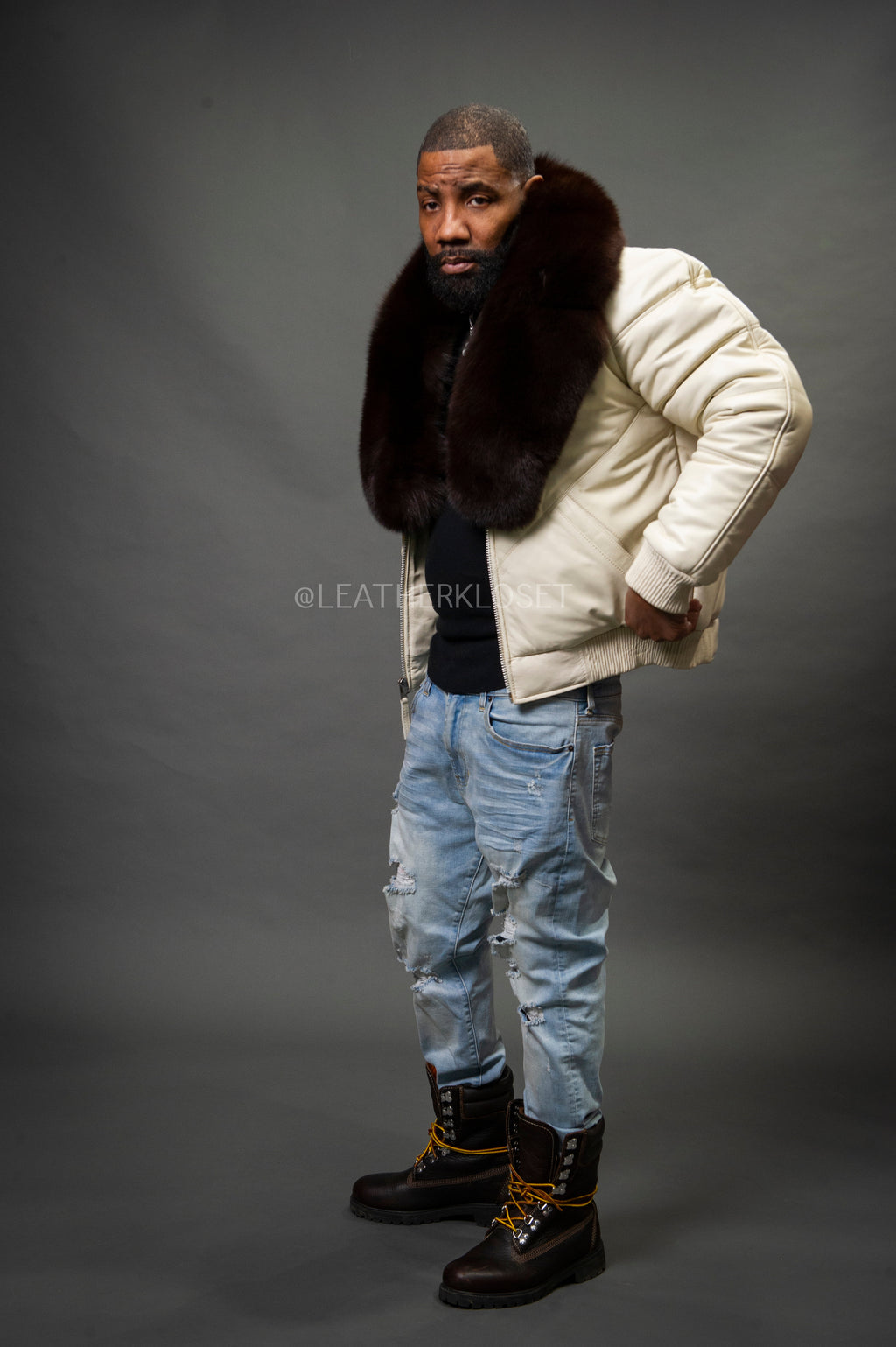 V-Bomber Leather Premium Full Fox Fur Collar [Beige]