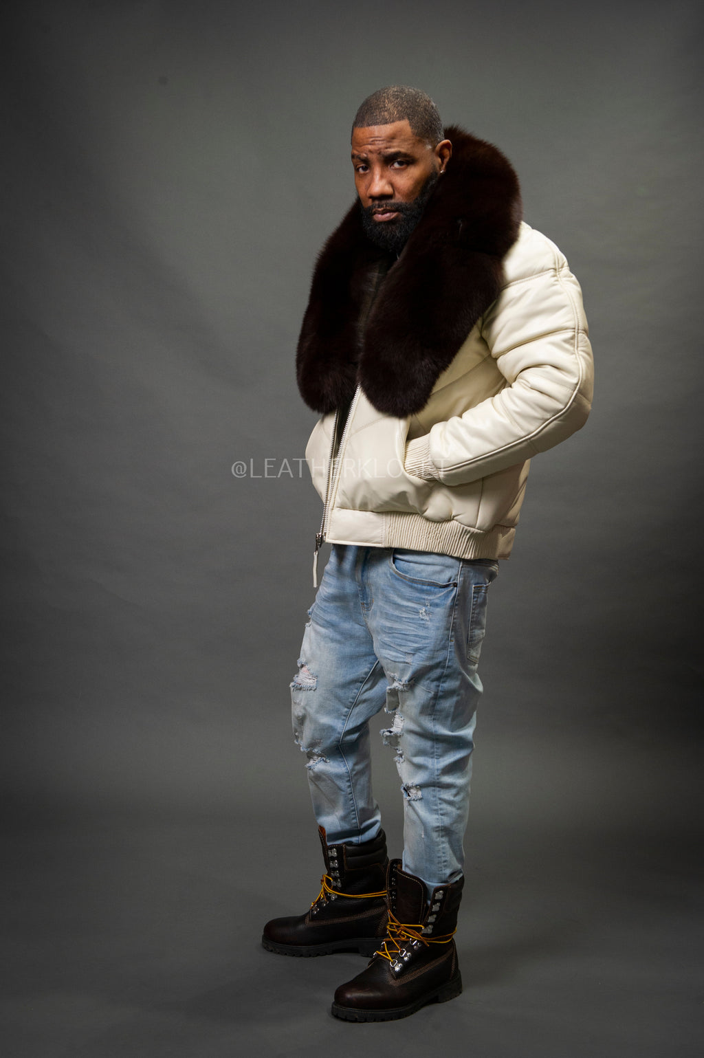 V-Bomber Leather Premium Full Fox Fur Collar [Beige]