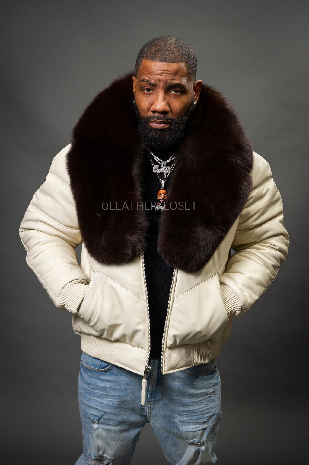 V-Bomber Leather Premium Full Fox Fur Collar [Beige]