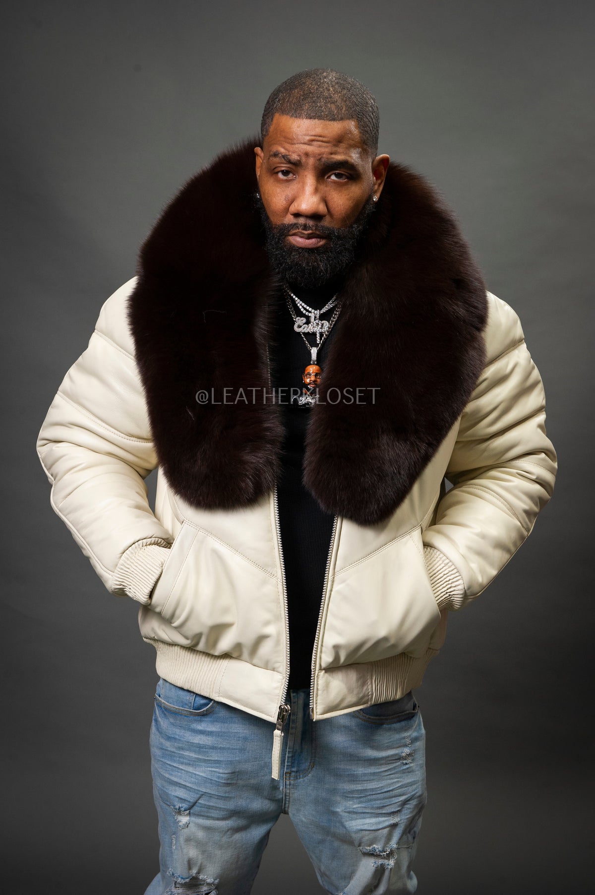 V-Bomber Leather Premium Full Fox Fur Collar [Beige]
