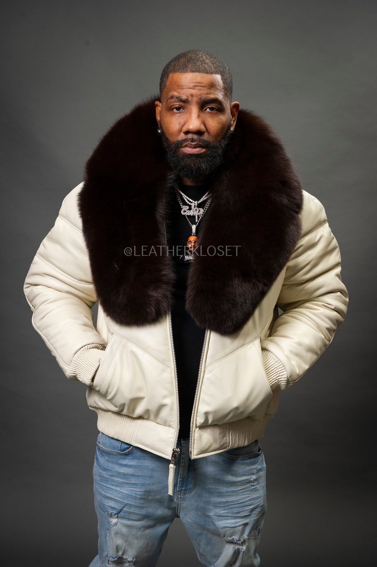 V-Bomber Leather Premium Full Fox Fur Collar [Beige]
