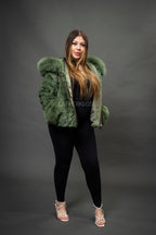 Women's Aria Mink Bomber With Hood [Green]