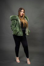 Women's Aria Mink Bomber With Hood [Green]