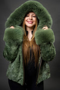 Women's Aria Mink Bomber With Hood [Green]