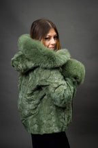 Women's Aria Mink Bomber With Hood [Green]