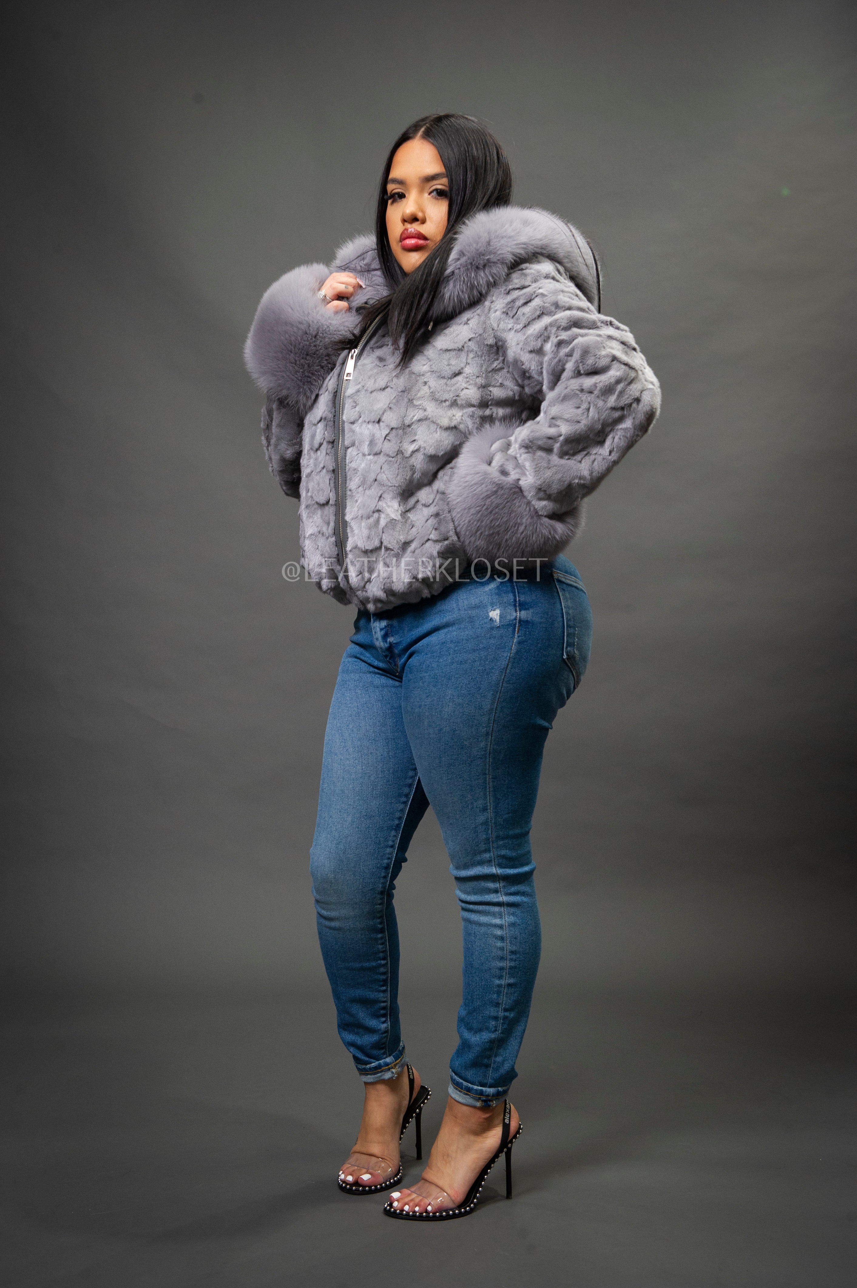 Women's Aria Mink Bomber With Hood [Grey] – LeatherKloset