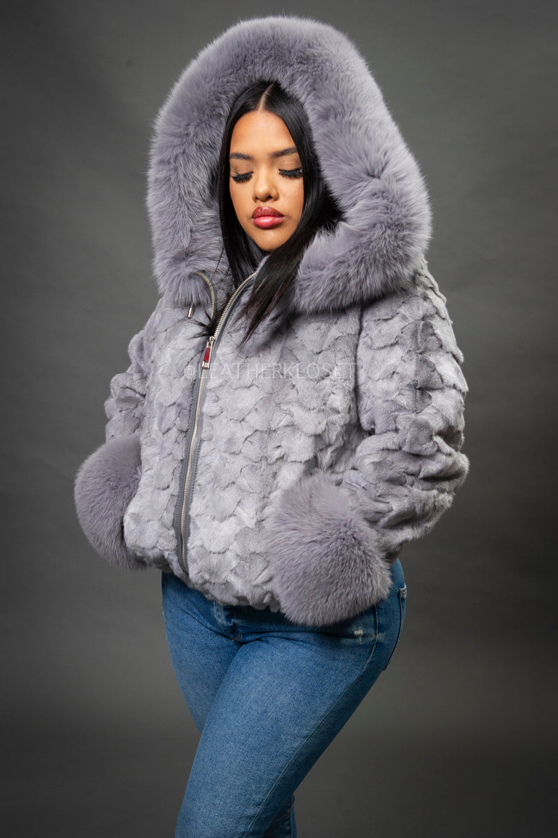 Women's Aria Mink Bomber With Hood [Grey]