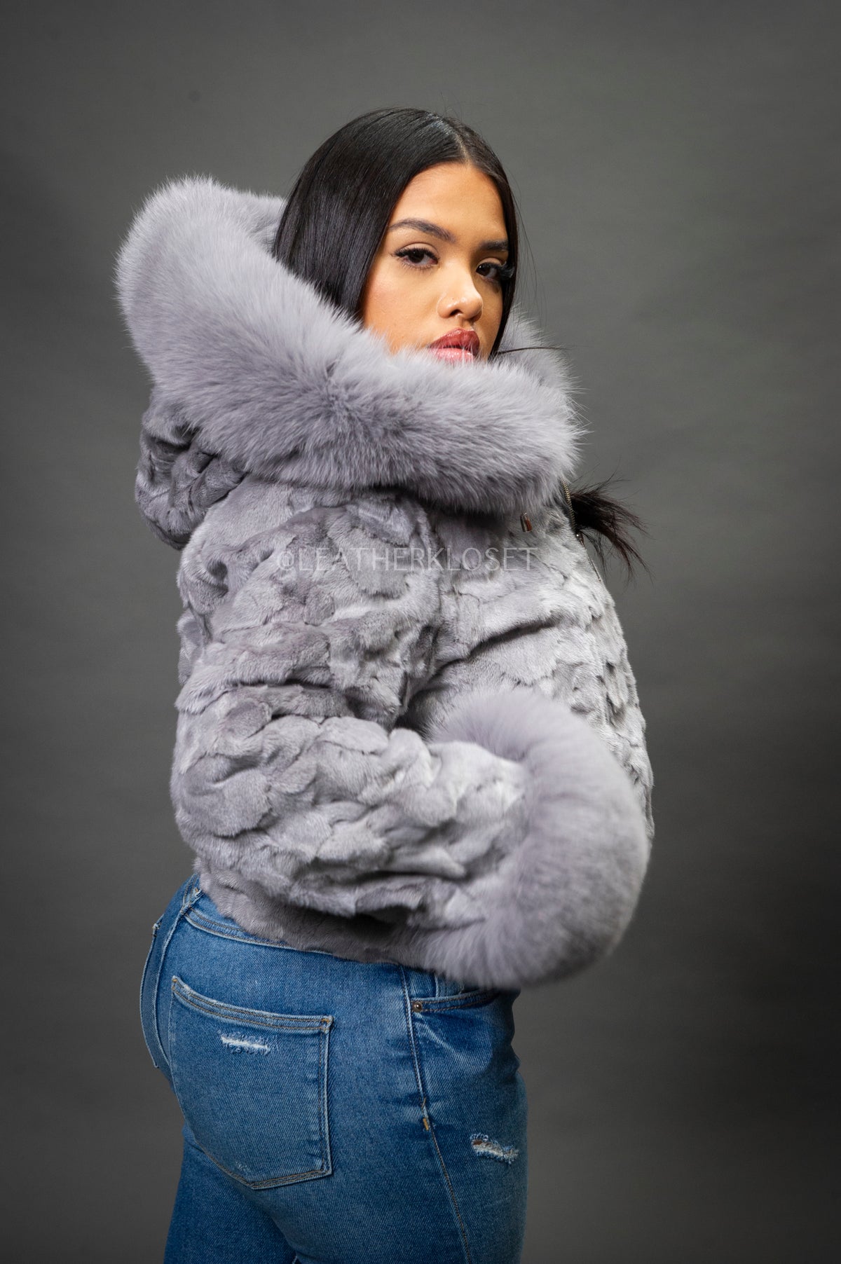 Women's Aria Mink Bomber With Hood [Grey]