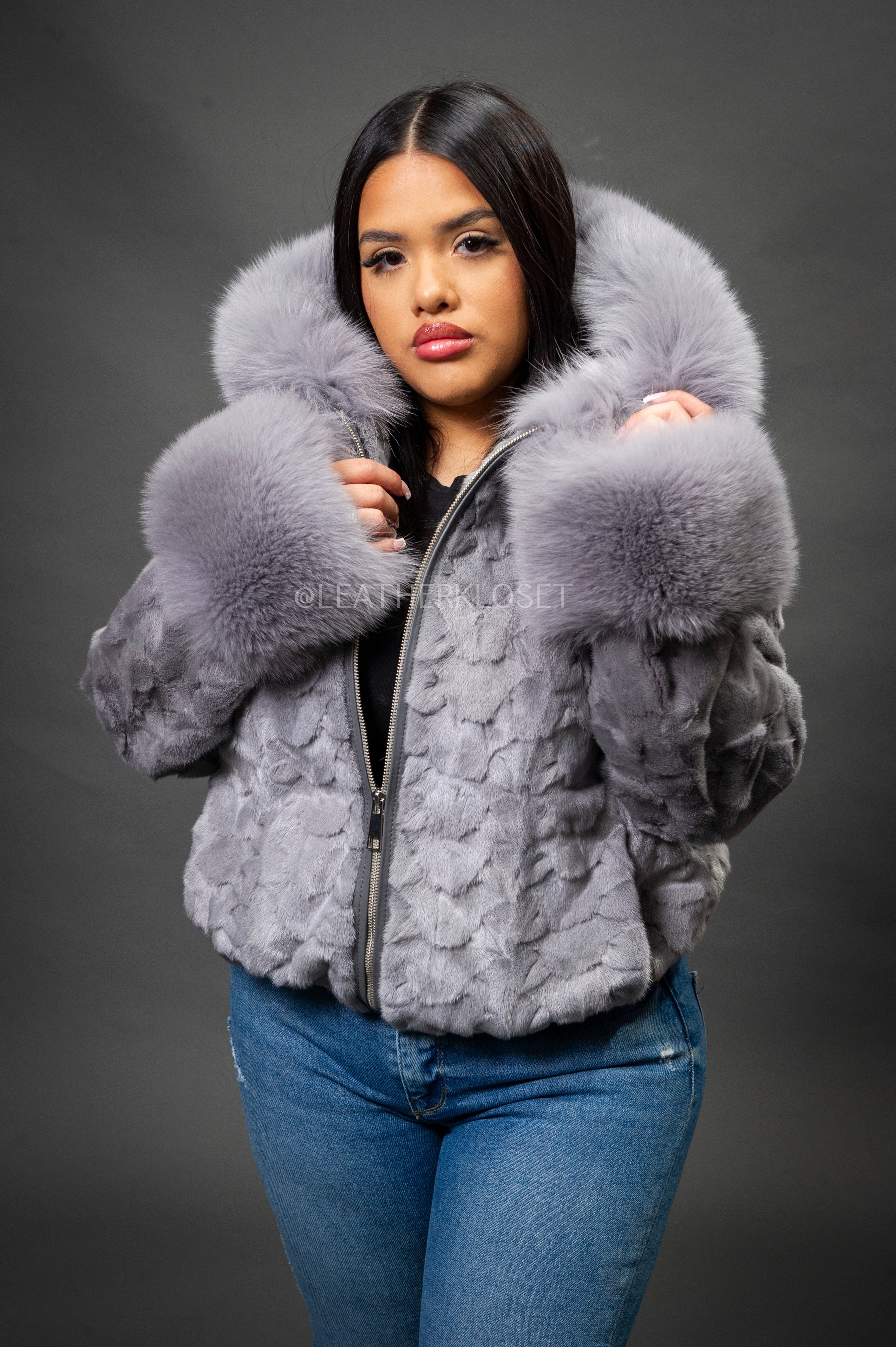 Women's Aria Mink Bomber With Hood [Grey] – LeatherKloset