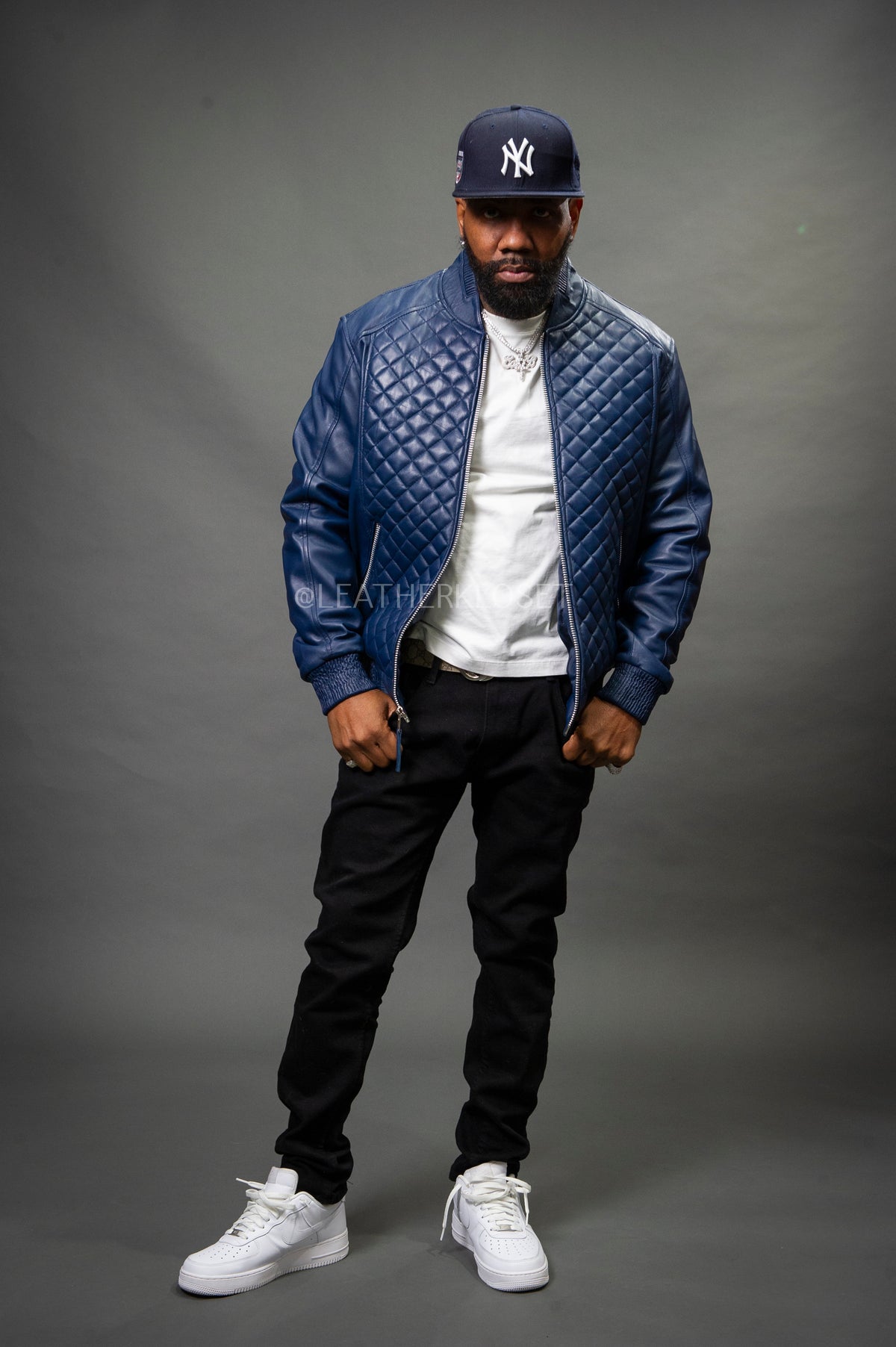 Men's Lucas Quilted Leather Bomber Jacket [Navy Blue]