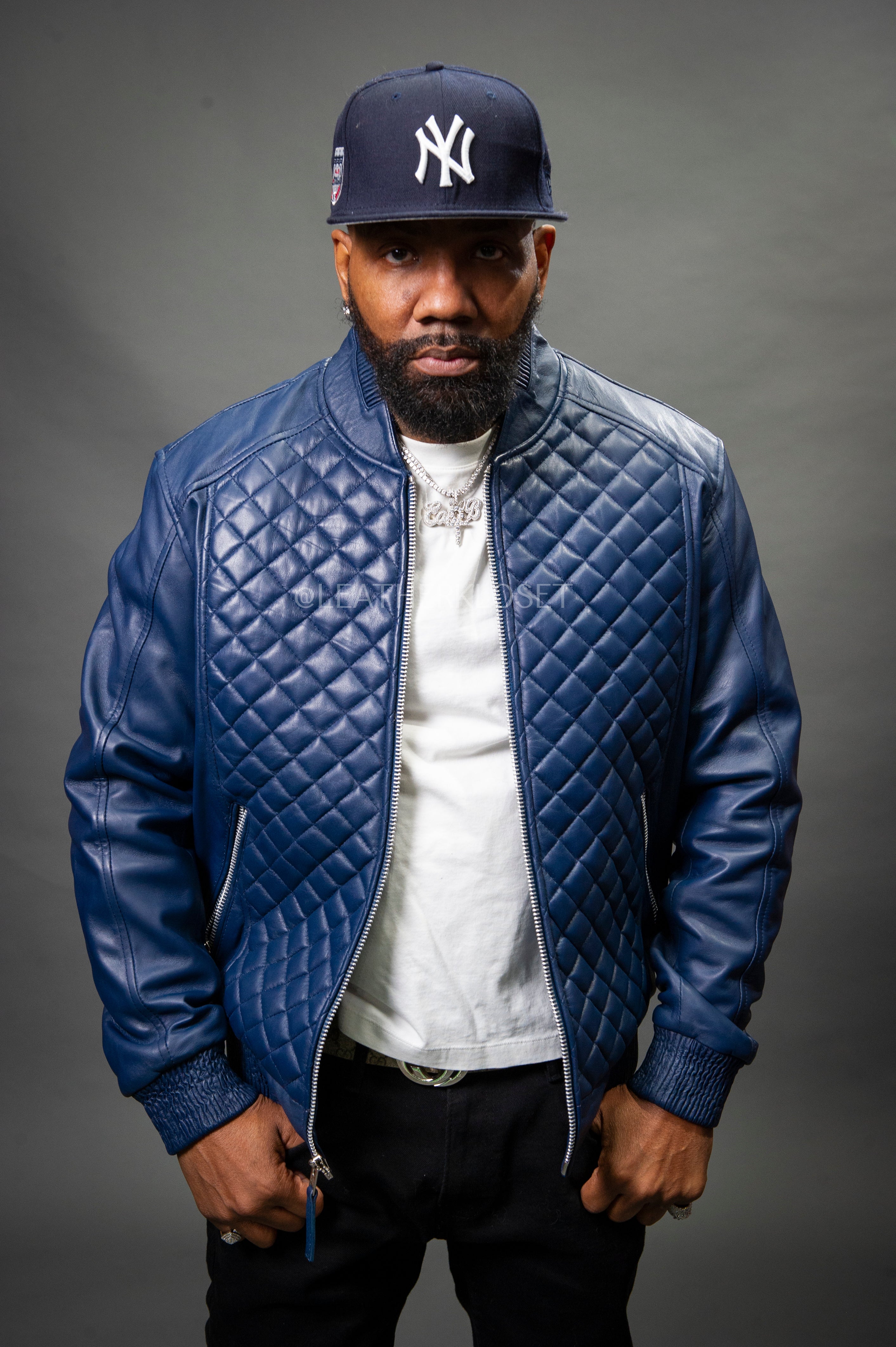 Men's Lucas Quilted Leather Bomber Jacket [Navy Blue] – LeatherKloset