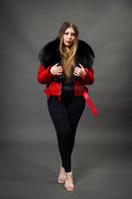 Women's Trey Biker Red Oversized Fox Collar [Black Fox Fur]