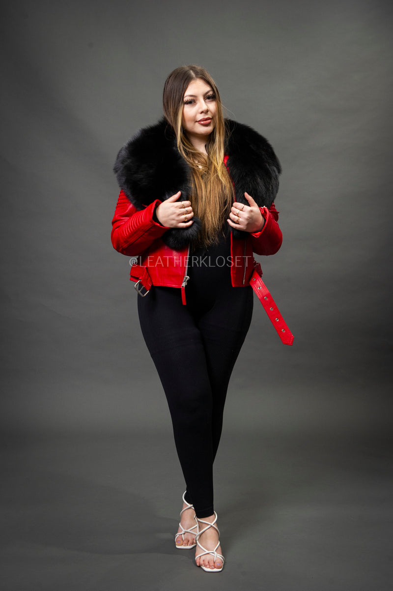 Women's Trey Biker Red Oversized Fox Collar [Black Fox Fur]