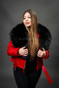 Women's Trey Biker Red Oversized Fox Collar [Black Fox Fur]