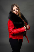 Women's Trey Biker Red Oversized Fox Collar [Black Fox Fur]