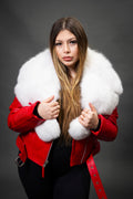 Women's Trey Biker Red Oversized Fox Collar [White Fox Fur]