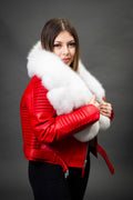 Women's Trey Biker Red Oversized Fox Collar [White Fox Fur]