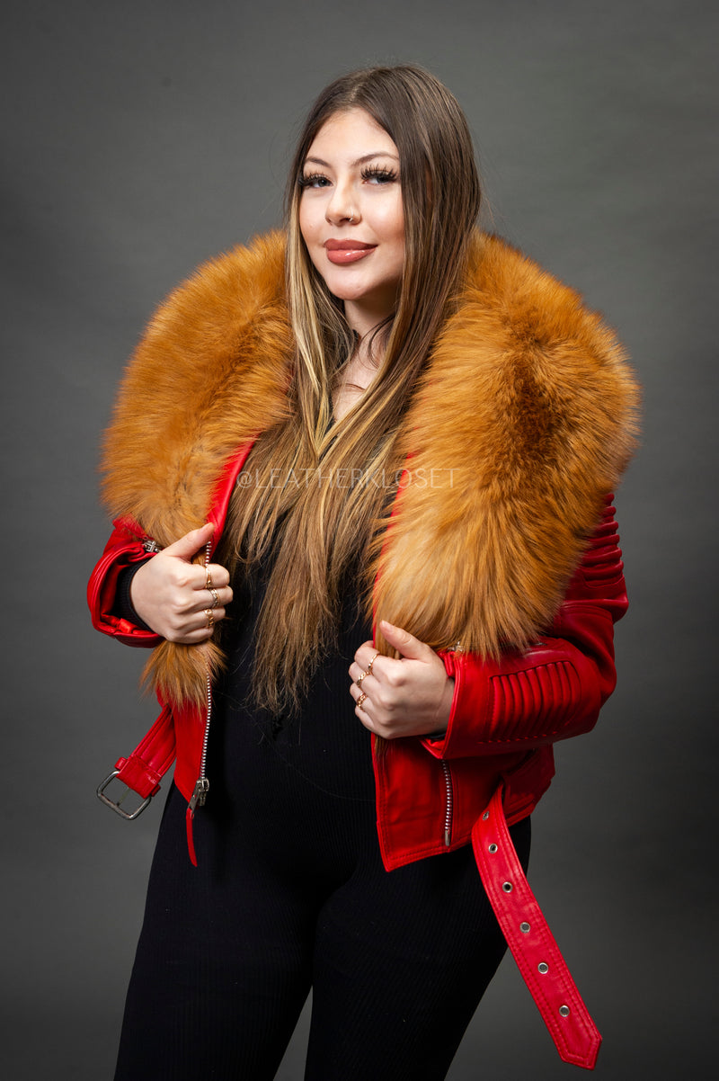 Women's Trey Biker Red Oversized Fox Collar [Red Fox Fur]