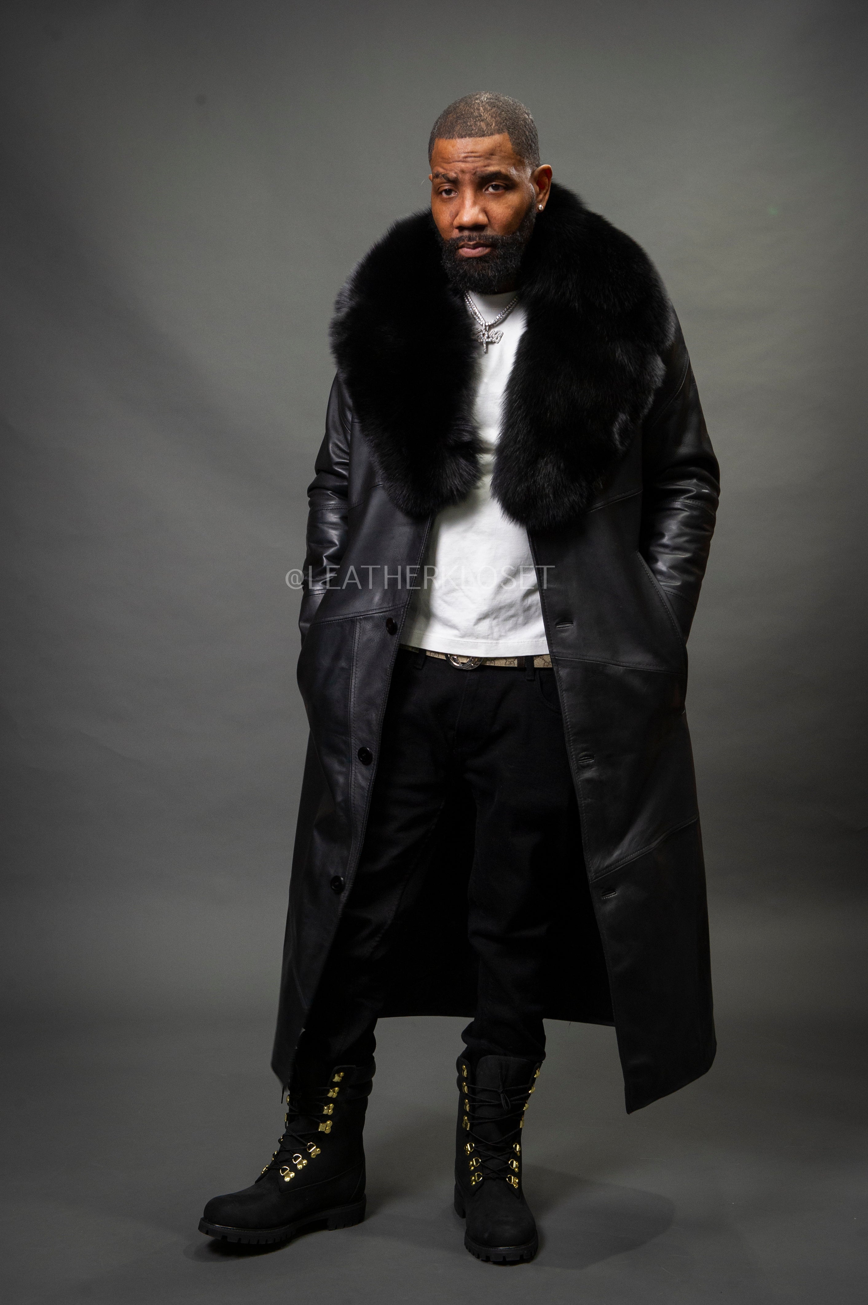 Men's Leather Unnameable Trench Coat With Fox Collar [Black Men's Leather Unnameable Trench Coat With Fox Collar [Black