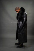 Men's Leather Unnameable Trench Coat With Fox Collar [Black]
