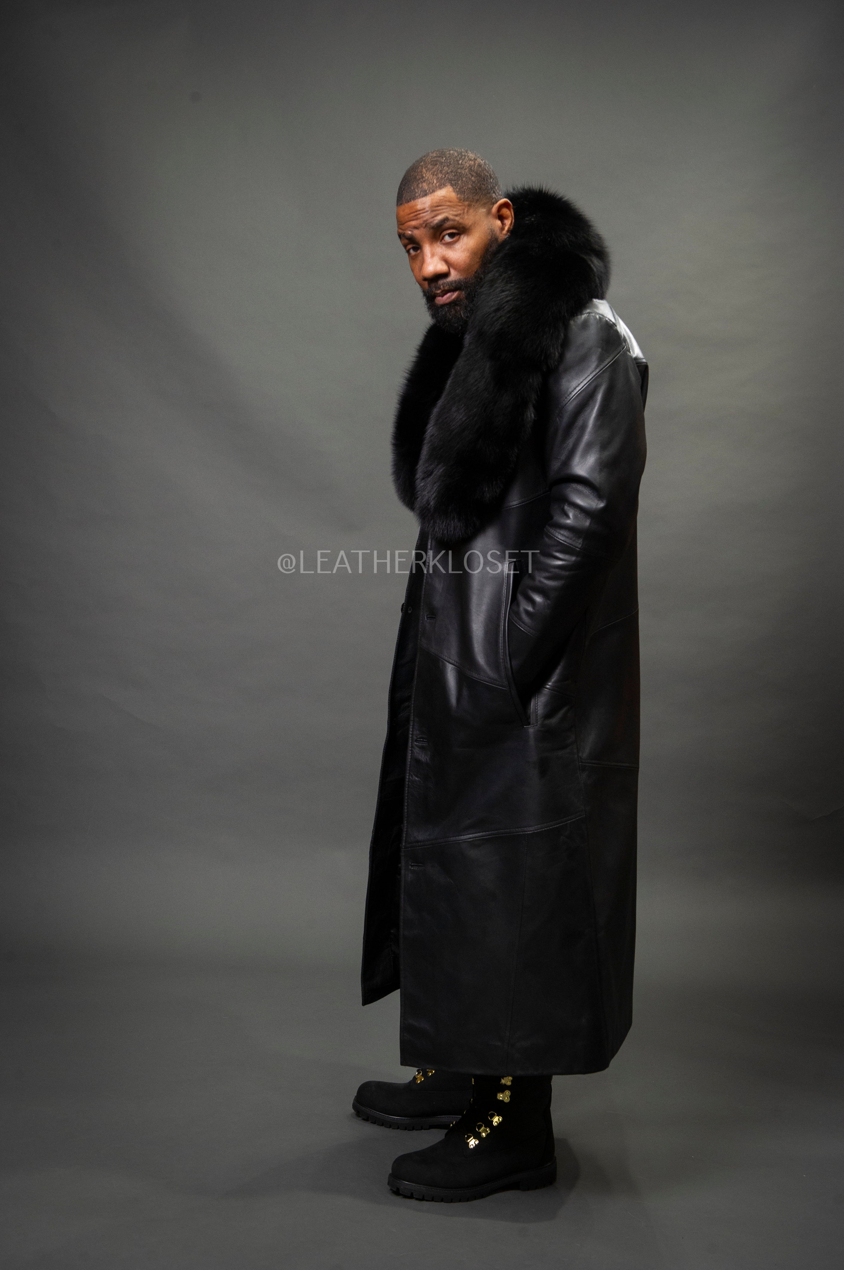 Men's Leather Unnameable Trench Coat With Fox Collar [Black