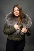 Women's Trey Biker Olive Oversized Fox Collar [Silver Fox Fur]