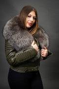 Women's Trey Biker Olive Oversized Fox Collar [Silver Fox Fur]