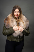 Women's Trey Biker Olive Oversized Fox Collar [Crystal Fox Fur]